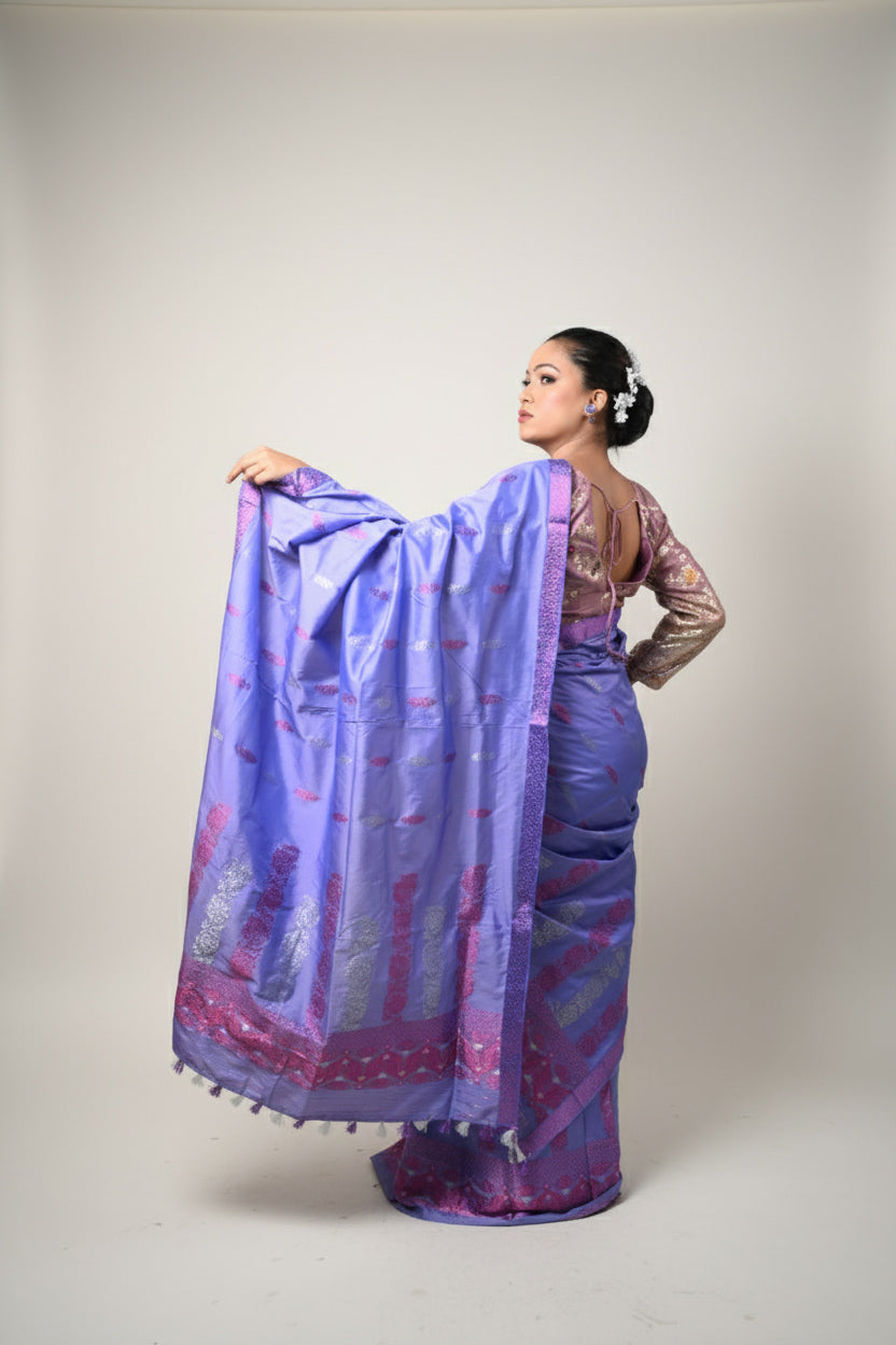 Assam Handloom Lavender & Pink Mix Pat Silk Mekhela Chador